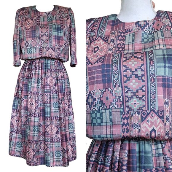 Vintage 80s Womens Size 6 Southwest Blouson Midi Dress Aztec Pink Blue‎ Pleated - Picture 1 of 11
